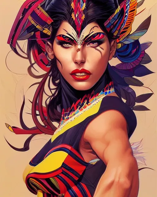 Prompt: artgerm, joshua middleton and sandra chevrier comic cover art, pretty full body danza azteca dancer, symmetrical eyes, scales, beautiful, rim lighting, vivid colors