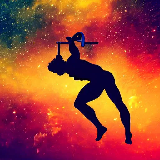 Image similar to athletic man doing a pullup using gymnastic rings, silhouette, long shot, in a cosmic nebula background, matte colors, dramatic digital art trending on artstation