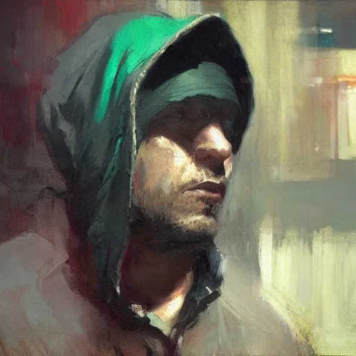 Image similar to portrait of a wondering chad programmer with green hood by jeremy mann, dramatic lighting, close up