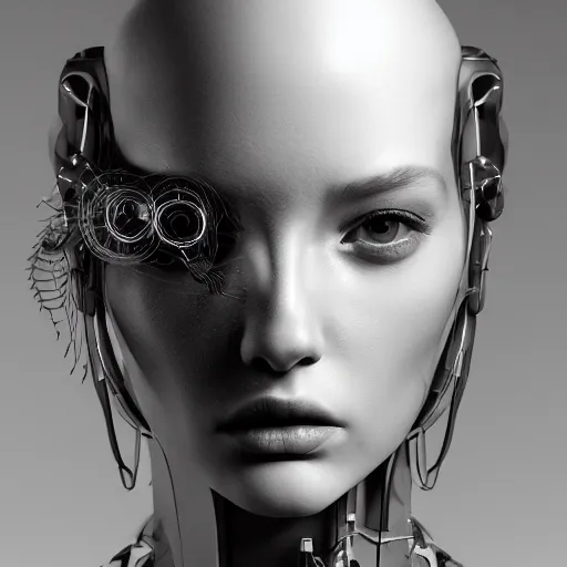 Image similar to closeup portrait of an absurdly beautiful, graceful, sophisticated, fashionable cyberpunk mechanoid gravure idol, an ultrafine hyperdetailed illustration by irakli nadar, matt wisniewski style, fashion photography, intricate linework, porcelain skin, jellyfish headdress, unreal engine 5 highly rendered, global illumination, radiant light, detailed and intricate environment