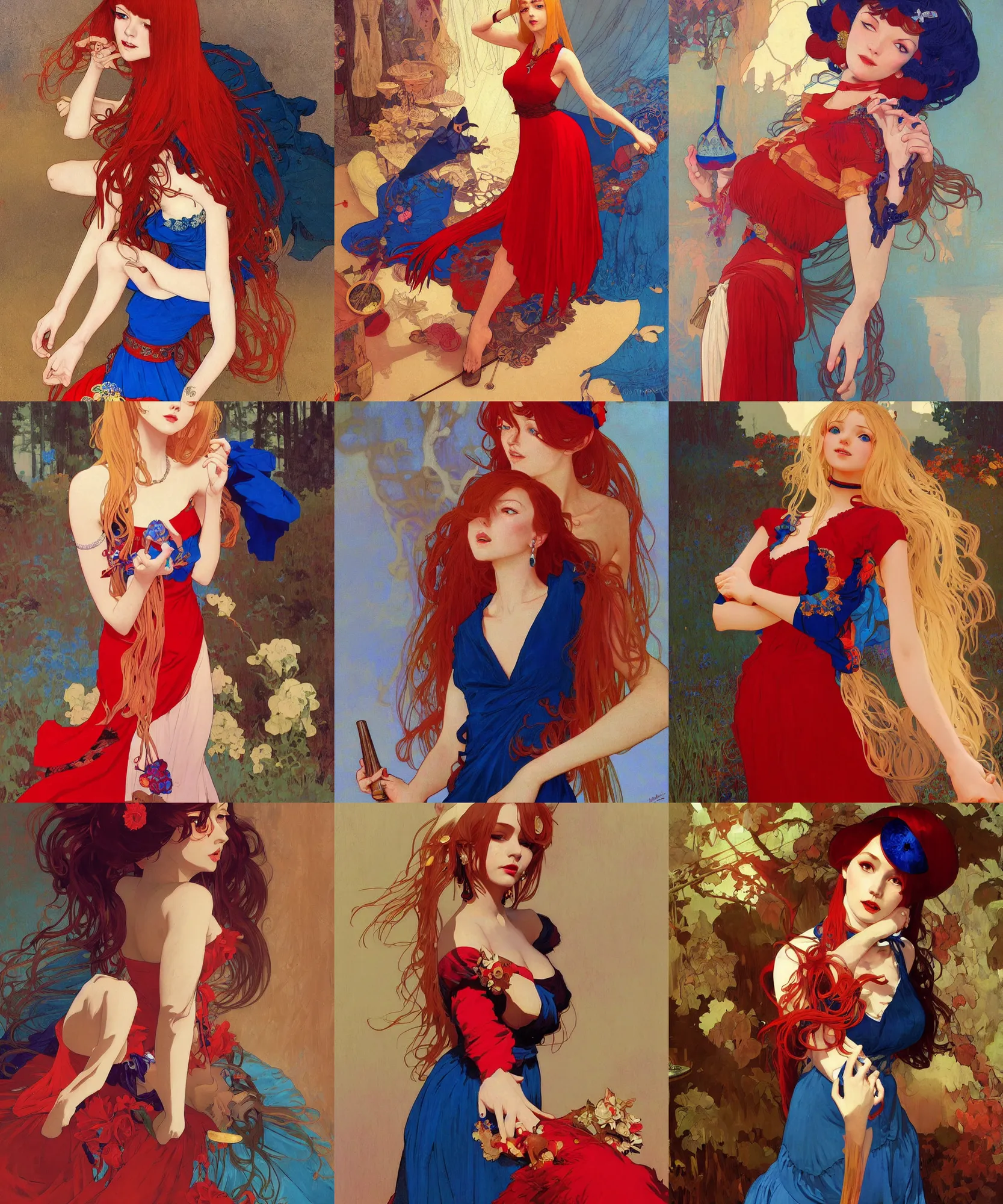 Prompt: pulp art, gorgeous maid, long hair blondie russian girl at witch ritual, wooden jewerly, red blue dress, elegant, vibrant, smooth, by ilya kuvshinov, craig mullins, edgar maxence, alphonse mucha, artgerm, sakimichan