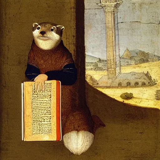 Prompt: Painting of an otter wearing nobleman's robes, holding a prayer book in a chapel, by Leonardo Da Vinci