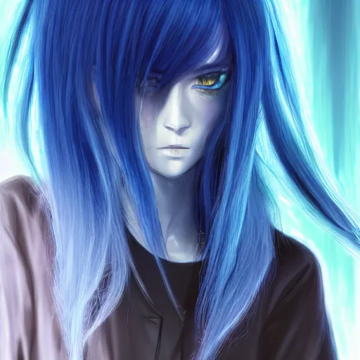 Image similar to drawing of rimuru tempest, sky blue straight hair, long bangs, with amber eyes, wearing a black jacket, high collar, ultra detailed, brush strokes, skin texture, digital painting, cinematic, wlop artstation, closeup, pixiv, eerie, scary, intimidating glare, evil, junji ito, yoshitaka amano