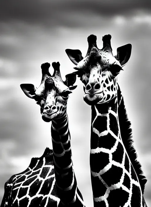 Image similar to two giraffe black and white portrait white sky in background