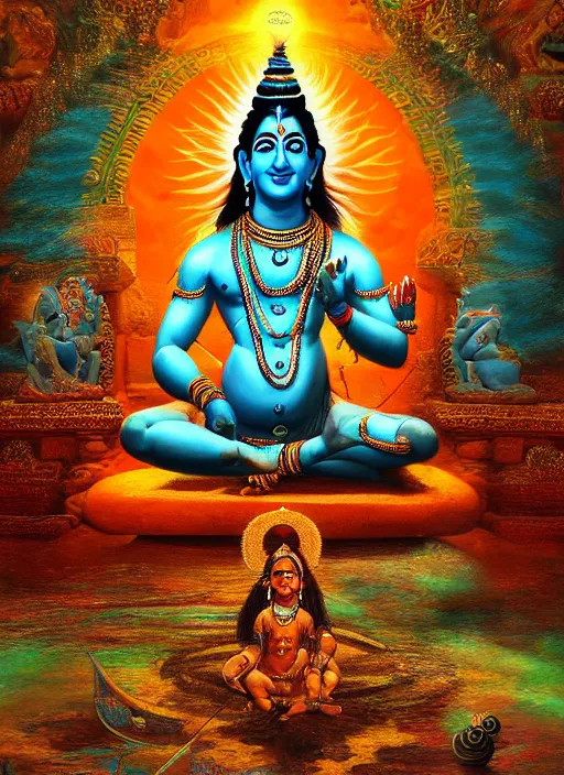 Image similar to digital visionary painting, hindu art, masterpiece, lord shiva creates the world with his primordial om, realistic, highly detailed, post produced, realistic, octane render, glowing colors