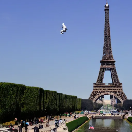 Image similar to a nasa space shuttle crushing into the eiffel tower