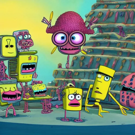 Image similar to bikini bottom being invaded by robots by stephen hillenburg, cartoon, award - winning, dramatic, dark, william osborne tucker iii, nickelodeon, detailed, 4 k