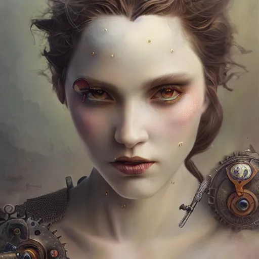 Prompt: by tom bagshaw, ultra realist vivid soft painting of a carnival of curiosities, single curvy flirt etheral young steampunk female in a full ornated armor gears, photorealistic facial traits, cables, led, flying machinery, partial symmetry accurate features, very intricate details, focus, award winning, ultra dense fog