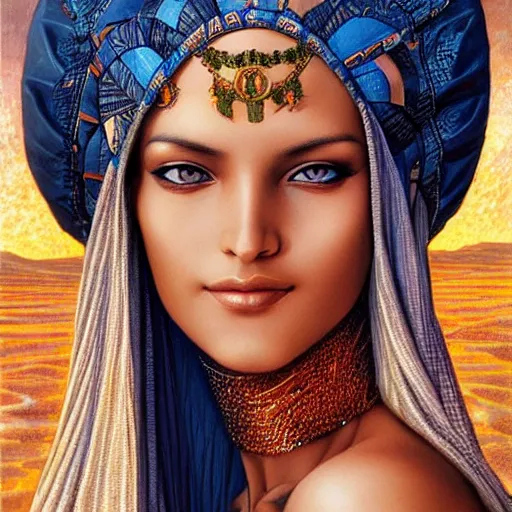 Image similar to a beautiful touareg algerian woman by karol bak, ayami kojima, artgerm, sakimichan, arabian beauty, blue eyes, smile, concept art, fantasy
