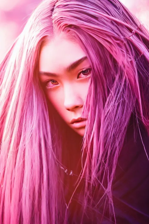 Image similar to highly detailed beautiful photo of madison beer as a young female samurai, practising sword stances, symmetrical face, beautiful eyes, pink hair, realistic anime art style, 8 k, award winning photo, pastels colours, action photography, 1 / 1 2 5 shutter speed, sunrise lighting