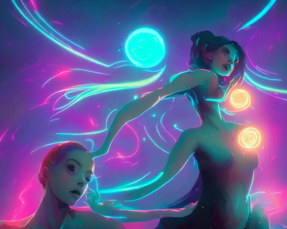 Image similar to a beautiful whimsical woman standing under a multi-colored binary blackhole with an accretion disc, casting magic, glowing trails following her arms, acidwave, by Lois van Baarle, by Greg Rutkowski, by artgerm, by beeple, by studio ghibli, cinematic angle, volumetric lighting, 4k resolution, octane render, trending on artstation, masterpiece