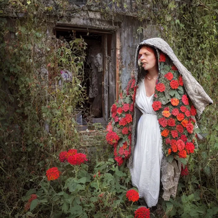 Prompt: a woman wearing a hooded cloak made of zinnias and barbed wire, in a derelict house, by Corbin Gurkin, natural light, detailed face, CANON Eos C300, ƒ1.8, 35mm, 8K, medium-format print