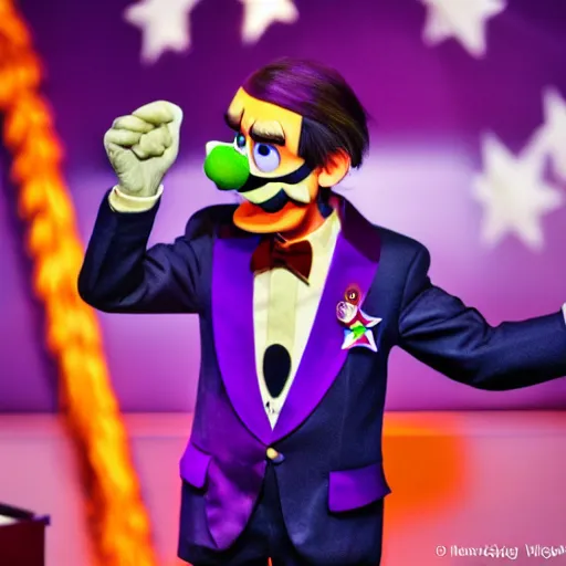 Image similar to photograph of waluigi as a presidential candidate giving a speech. Dramatic lighting. Award winning photography.