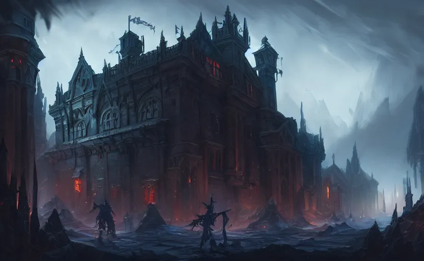 Image similar to extreme long shot concept art depicted old english majestic town, dramatic mood, overcast mood, dark fantasy environment, dieselpunk, art from legends of runeterra, art from league of legends, art from arcane, trending on artstation, unreal engine, golden ratio, spectacular composition