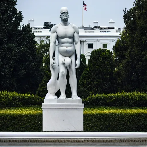 Image similar to a large marble statue of Homer Simpson outside the White House, dslr photo, 50mm