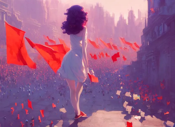 Image similar to gorgeous bright girl waving a red flag over her head running through Mandelbrot fractal crowd by Craig Mullins, ilya kuvshinov, krenz cushart, artgerm trending on artstation by Edward Hopper and Dan Mumford and WLOP and Rutkovsky, Unreal Engine 5, Lumen, Nanite