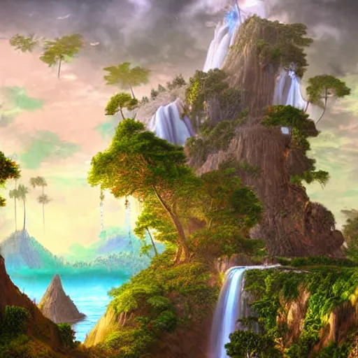 Prompt: islands floating in the sky with waterfalls and dragons, digital art, aesthetic, astonishing detail