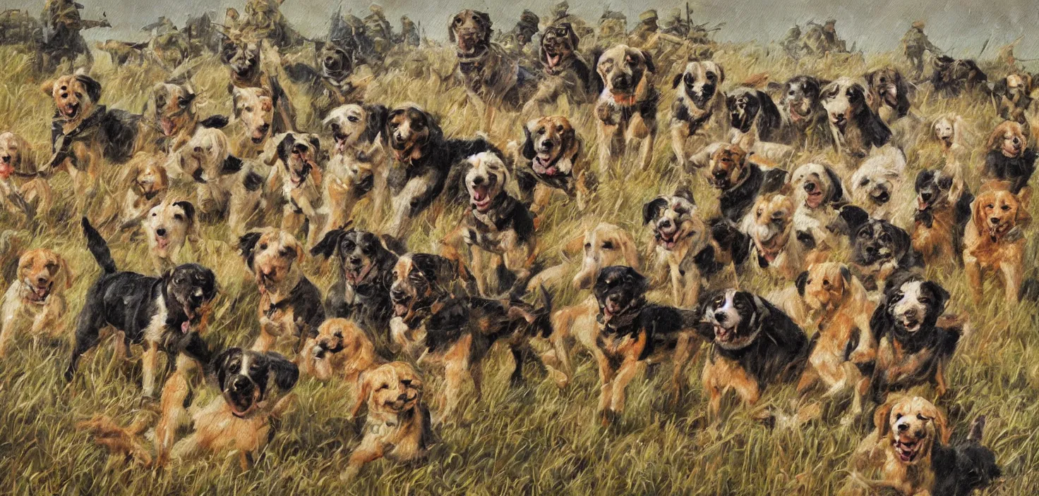 Prompt: cheerful painting of dogs at war, multiple points of focus, detailed painting by ralph goings, soft edges, tilt shift