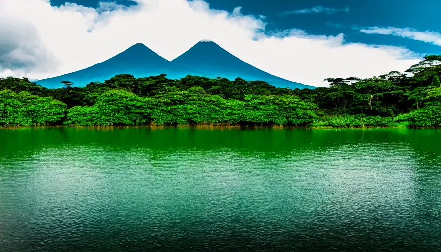 Image similar to a beautiful green scene, guatemalan lake full of water, volcano in background, high definition, beautiful award winning photography, 8 k.