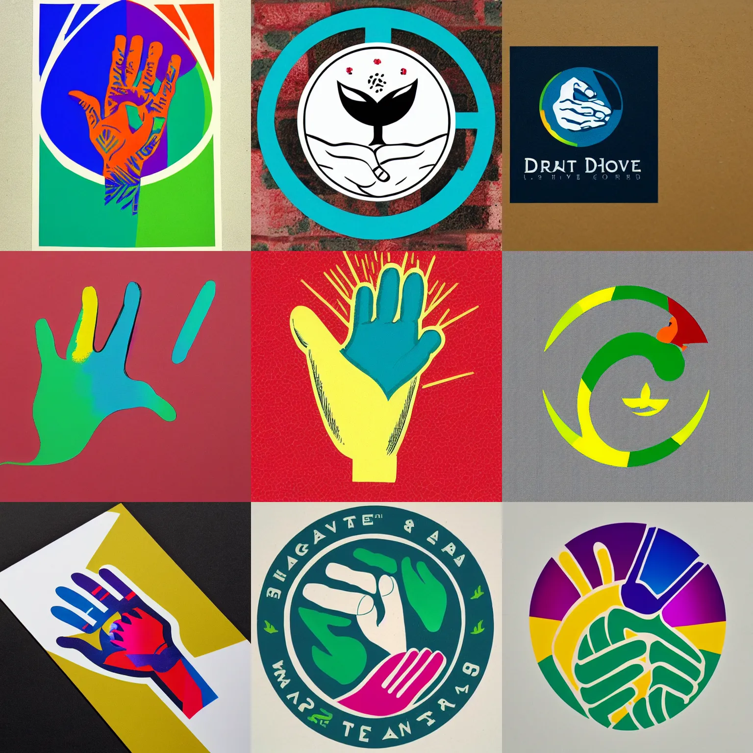 Prompt: logo design incorporating a hand, the earth, a dove, and a laurel. screen print. colourful.