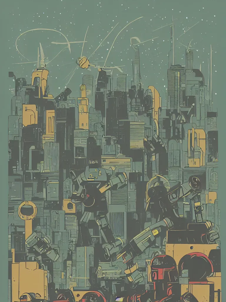 Prompt: tierra connor style poster illustration of a large retro science fiction robot battle above city neighbourhood, vintage muted colors, some grungy markings