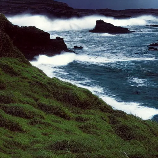 Prompt: moody 1 9 7 0's artistic technicolor spaghetti western film, a large huge group of women in a giant billowing wide long flowing waving green dresses, standing inside a green mossy irish rocky scenic coastline, crashing waves and sea foam, volumetric lighting, backlit, moody, atmospheric, fog, extremely windy, soft focus
