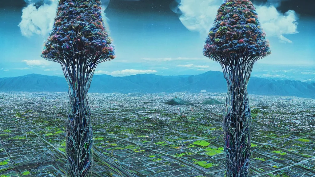 Prompt: Nuclear Nature harmony, a drone shot of Techno-Tree Covered Future version of the City Quito, Ecuador; by Oswaldo Moncayo; oil on canvas; by Beeple