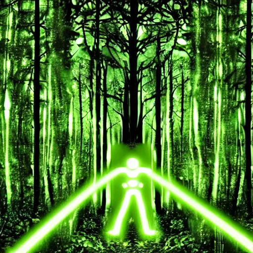 Prompt: film frame of a green glowing humanoid emerging from a dark forest full of dead trees at night, creepy, horror, uncanny, old camera footage, REC sign,