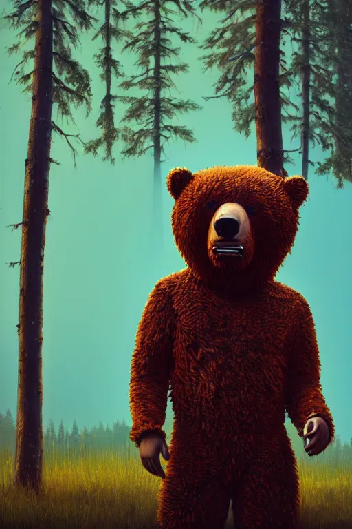 Prompt: Sad man in a bear mask, ultra hd, Painting By Simon Stalenhag, unreal 5, DAZ, hyperrealistic, octane render, dynamic lighting, intricate detail, summer vibrancy, cinematic