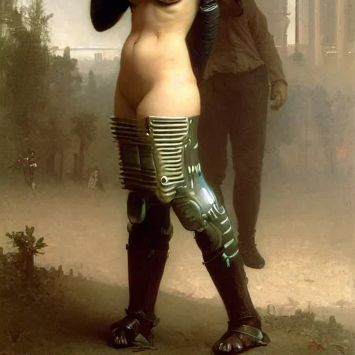 Image similar to painting of a cyberpunk android by william bouguereau, fully clothed in futuristic armor, high resolution