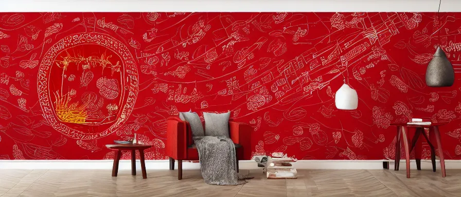 Image similar to a beautiful 4 k hd wall paper illustration of roasted string hotpot, red wallpaper design, simple style, kebab hotpot style, commercial kebab hotpot wallpaper display, wall painting, from china, simple structure, surrealistic, chinese style, victo ngai, denoise, deblurring