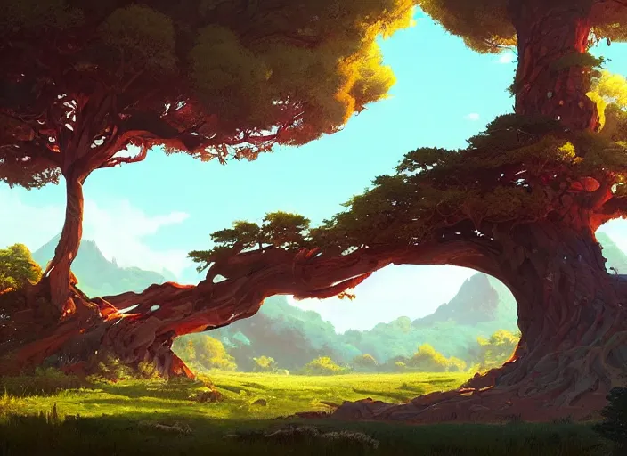 Prompt: concept art painting of a giant oak tree surrounded by forest and mountains, realistic, by makoto shinkai and moebius and anton fadeev and greg rutkowski and james gurney