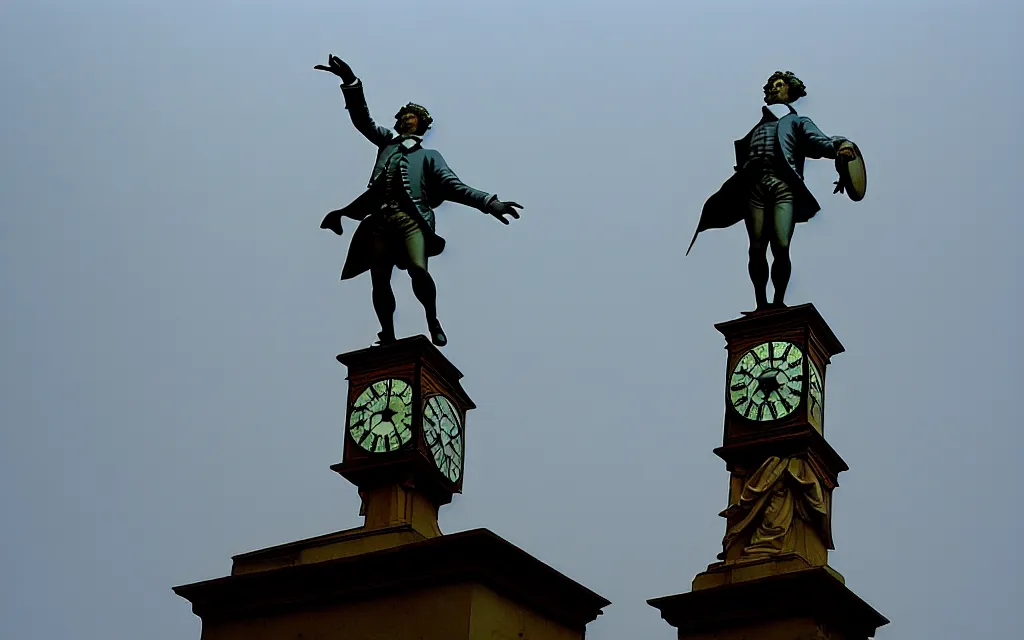 Image similar to a statue of a man standing on top of a clock, a flemish baroque by henry macbeth - raeburn, flickr, rococo, rococo, flemish baroque, sabattier filter