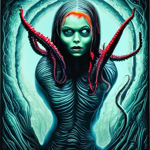 Image similar to scorn giger venom alien doom zdislaw bekinski horror hell alien tentacles satan fire flame octopus, beautiful underwater redhead ballerina portrait as a belly dancer, pixar style, by tristan eaton stanley artgerm and tom bagshaw.