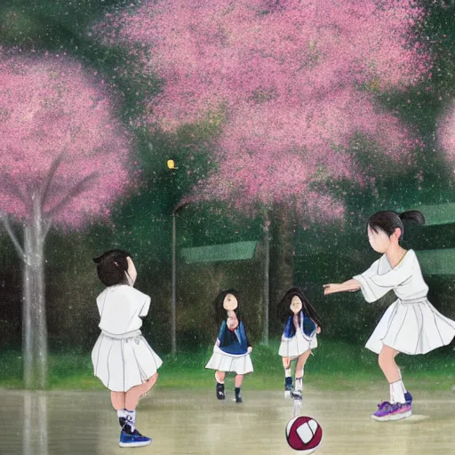 Prompt: hachishakusama wearing a white dress playing basketball against a group of kindergarteners wearing japanese school uniforms, complete detailed body, cherry blossom trees in background, moody atmosphere, digital art, highly detailed, high contrast, beautiful lighting, award winning, trending on art station, photorealistic, 8 k,