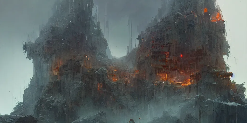Prompt: concept art of a post apocalyptic monastery laboratory at the top of a jagged mountain, grimy, gritty, blade runner 2 0 4 9, trending on artstation, award winning painting, cgi, art by john berkey and anton fadeev and john howe and simon stalenhag