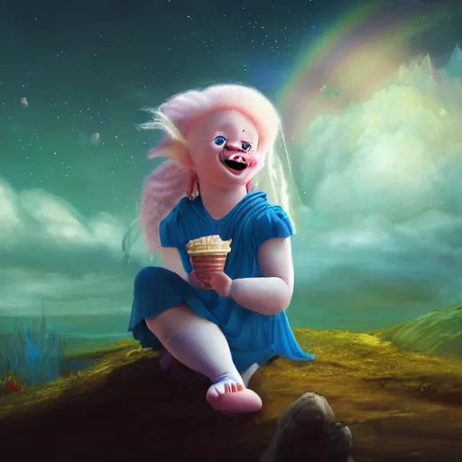 Image similar to An epic fantasy comic book style portrait painting of an adorable little albino girl with blonde dreads eating ice cream, smiling, sitting on top of a rainbow, high quality, stars, rainbow, care bear land with my little pony vibes, atmospheric fantasy setting, unreal 5, DAZ, hyperrealistic, octane render, RPG portrait, ambient light, dynamic lighting