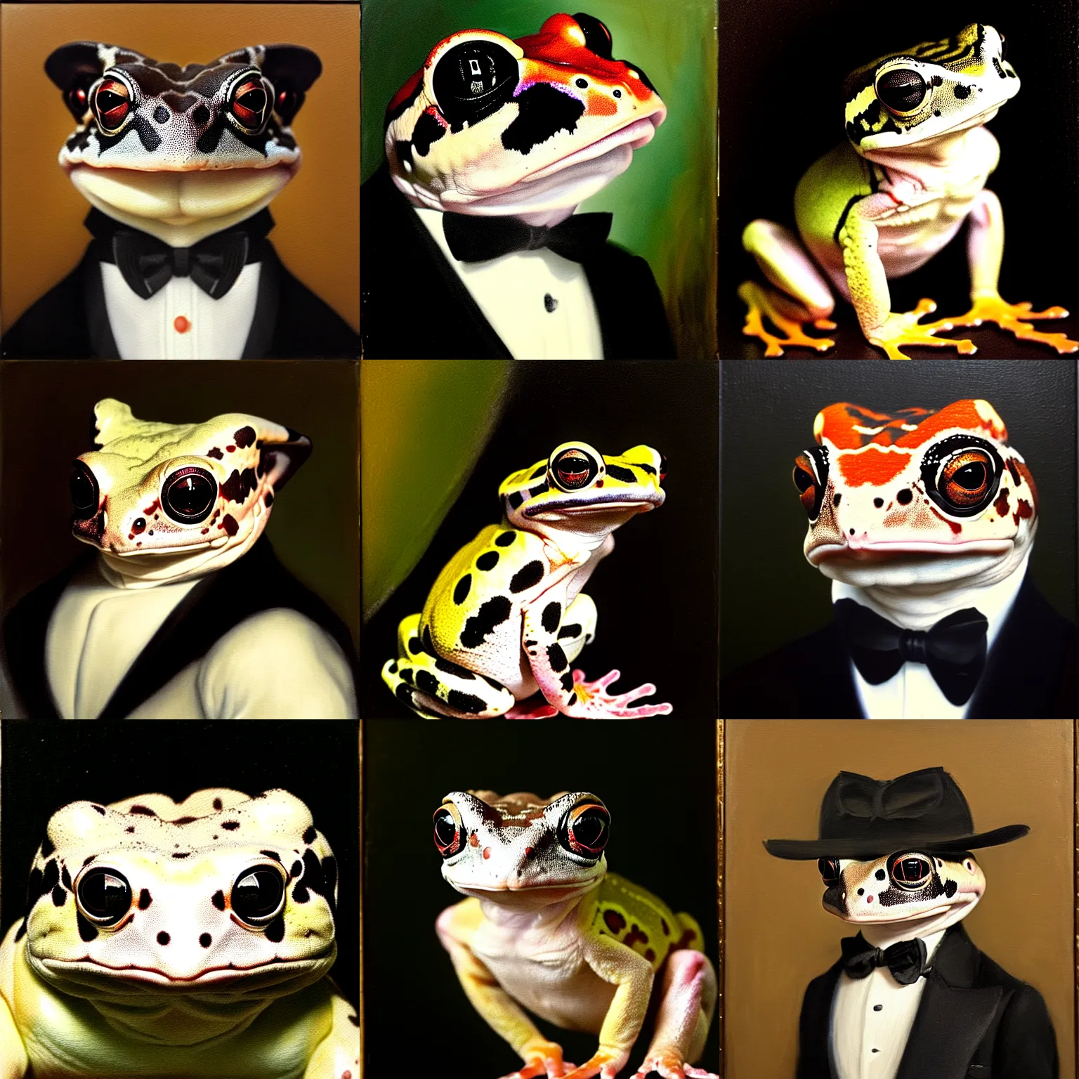 Prompt: a head - and - shoulders portrait of an amazon milk frog looking off camera wearing a black tuxedo, an american romanticism painting, a portrait painting, cgsociety, soft focus, oil on canvas