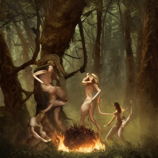 Prompt: three witches dancing around a bonefire which spawns a demon, in a forest, sharp focus, illustration, art by aenaluck and roberto ferri and greg rutkowski, epic fantasy, digital painting