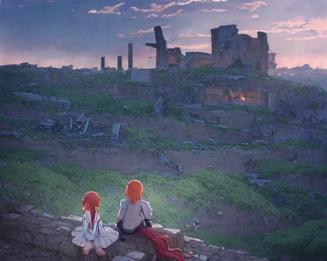 Prompt: a boy and a girl sitting on a hill overlooking the apocalyptic ruins of a city, rubble, ruins, post-apocalyptic, gloomy, end of the world, dust. Girl has long, flowing auburn hair. By Makoto Shinkai, Stanley Artgerm Lau, WLOP, Rossdraws, James Jean, Andrei Riabovitchev, Marc Simonetti, krenz cushart, Sakimichan, D&D trending on ArtStation, digital art.