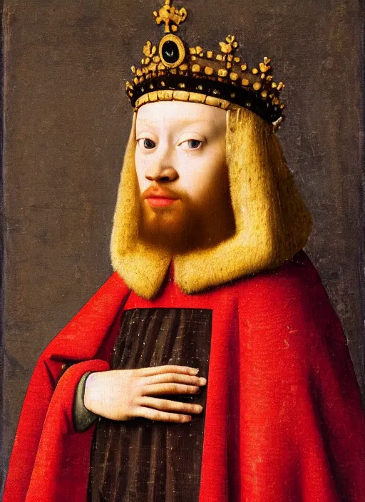 Image similar to portrait of a young king with a crown, medieval painting by Jan van Eyck, Johannes Vermeer, Florence