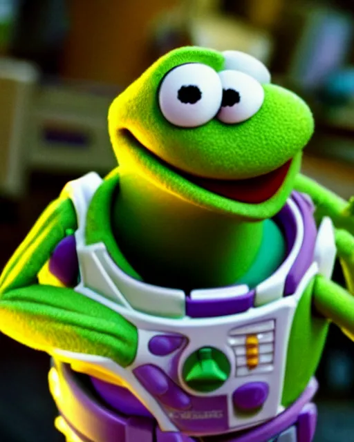 Image similar to Film still close-up shot of kermit the frog as Buzz Lightyear in the movie Toy Story 3. Photographic, photography