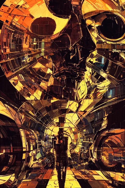 Prompt: fisheye, a portrait of a shattered cybernetic skull, lost in tensor fields, madness, decoherence, synthwave, glitch!!, fracture, realistic, hyperdetailed, concept art, golden hour, art by syd mead, cubism
