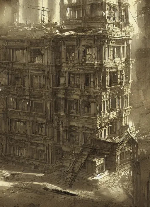 Prompt: ambrotype retro futuristic huge old building town blackburn 1 8 9 0 s science fiction old photo cinematic, sepia, john berkey, detail, ultrarealism, atmospheric, epic, movie still, 3 d, cinematic lighting, illustration