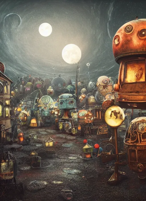 Image similar to Alexander Jansson style, A lunar landscape, darkness, nocturnal lighting, colored spotlights, psychdelic lights, gloom, fast food stalls and street market, extraterrestrials with psychedelic costumes walking and old robots buying and eating, realistic, many details, octane Render Ultra Detailed detailed detailed, Unreal Engine 5, HDRI,