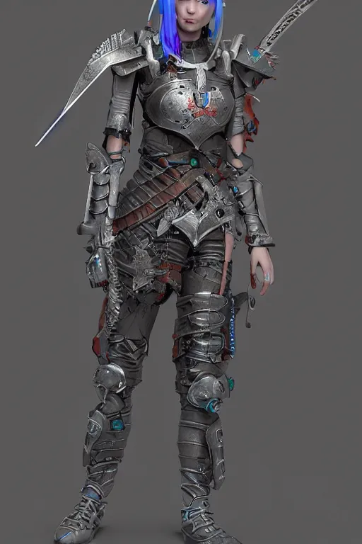 Prompt: [ grimes in medieval cyberpunk armor ]! holding a [ sword in her hand ]! in a [ futuristic cyberpunk city ]!, 3 d render!, trending on [ zbrush ]!, 4 k!, zbrush contest winner!, award winning, neon! lighting, neon subsurface scattering!, intricate, full - body!, volumetric lighting!