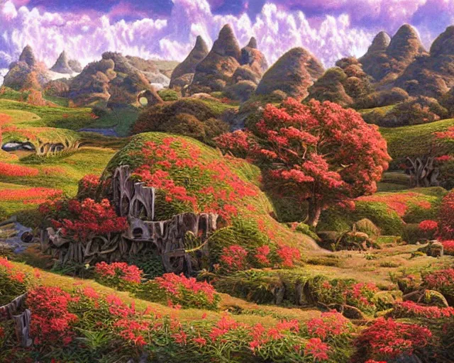 Prompt: Candyland, landscape, highly detailed, painting, in the style of Ted Nasmith