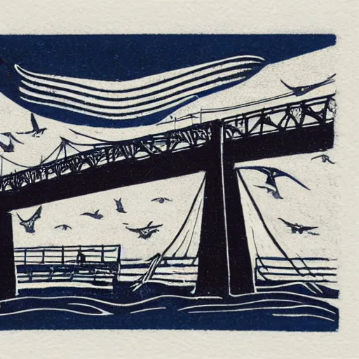 Image similar to small steel suspension bridge built in 1 9 2 8, side view, puffy clouds in background, seagulls floating in the sky, woodcut style, rubber stamp, 8 k