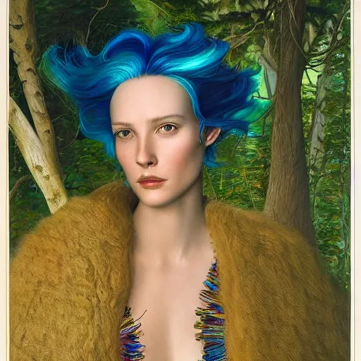 Prompt: A beautiful portrait of a woman with iridescent skin by James C. Christensen, scenic environment and blue hair