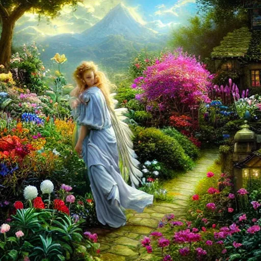 Prompt: a majestic male garden angel with large wings covered in plants and flowers standing in front of a beautiful cottage, an oil painting by ross tran and thomas kincade